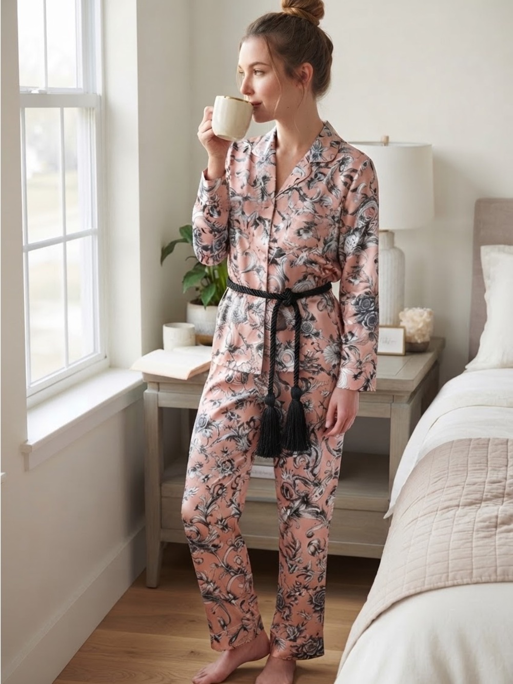 Victoria's Secret Satin Pajama Set Pink & Black Roses with Tassel Belt